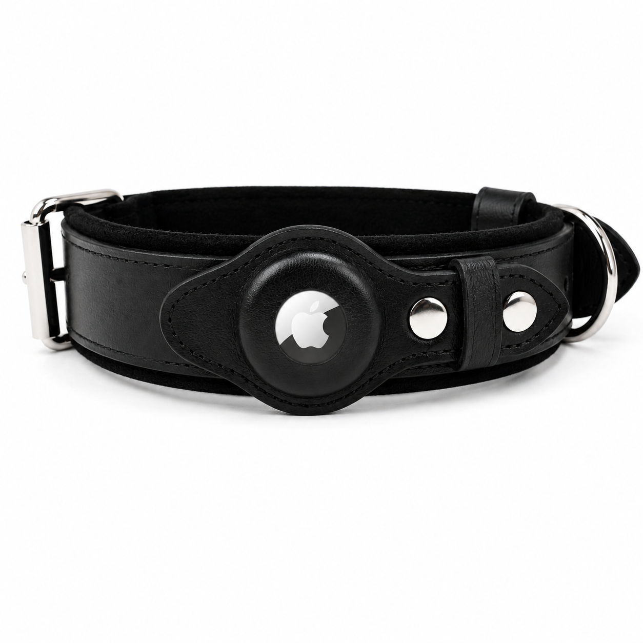 Heavy Duty Black Leather Dog Collar with Airtag Pocket
